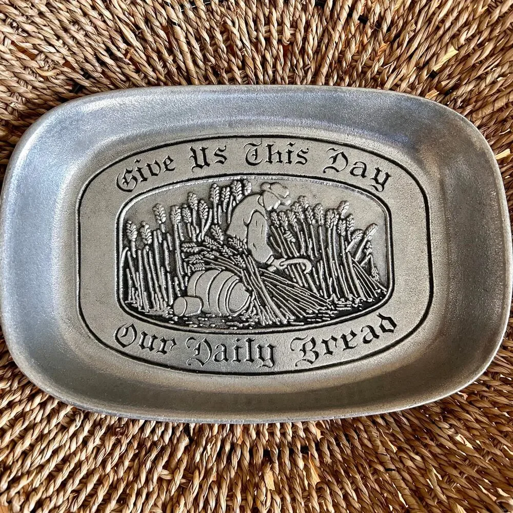 Vintage Pewter Tray with Give Us this Day Phrase and Farmer Working in Field